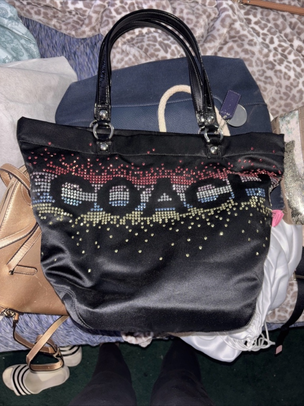 Coach Black Satin Tote with Multicolor Crystal Logo Accent